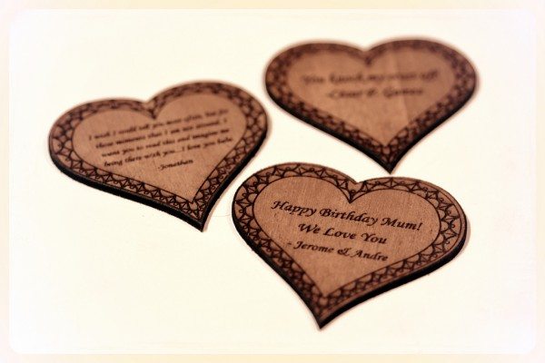 Laser cut hearts with custom text