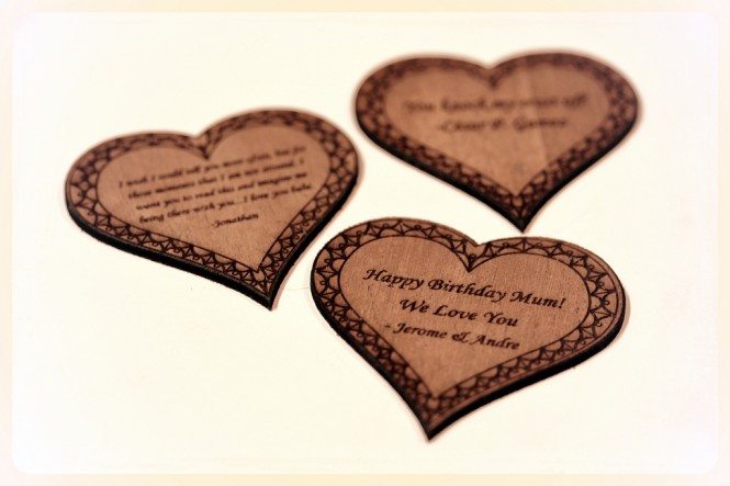 Laser cut hearts with custom text