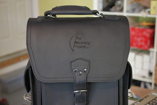 Logo engraved on Saddleback Leather Bag